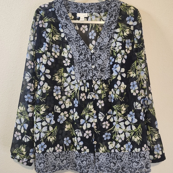 J. Jill Navy Blue Floral And Lace Blouse With Mother Of Pearl Button Detail Sz M - Picture 3 of 8